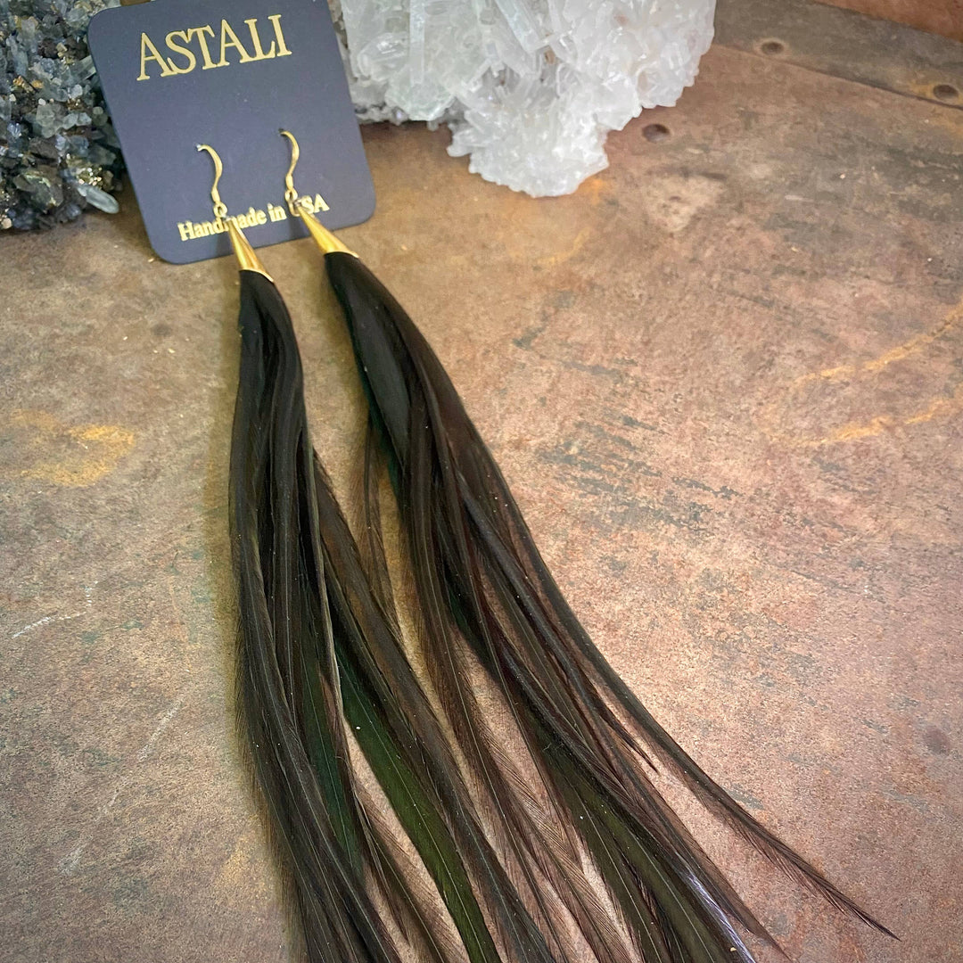 Earrings-Long Feather & Cone-Black/Gold, Boho Western