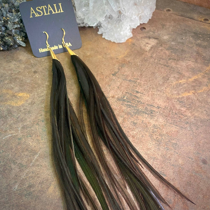 Earrings-Long Feather & Cone-Black/Gold, Boho Western