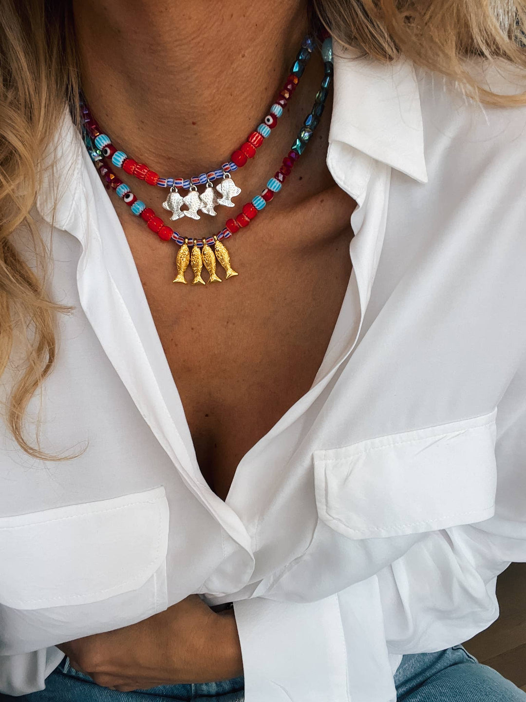 Necklace-Fish beaded in Greek islands colors