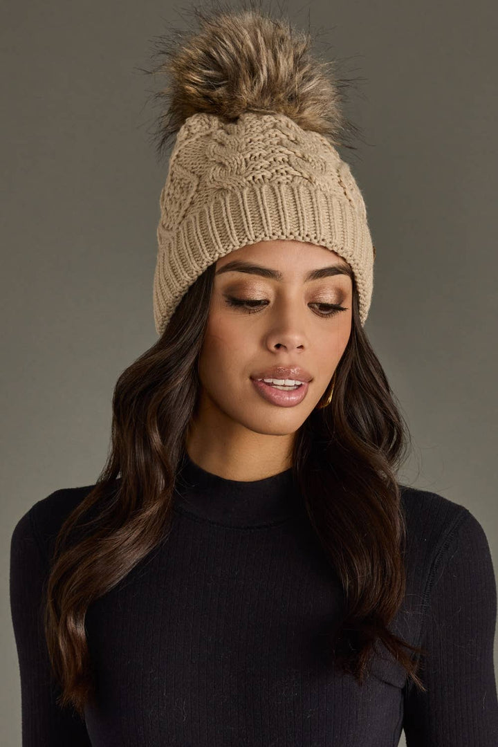 Pom Hat-Taupe Cable Knit