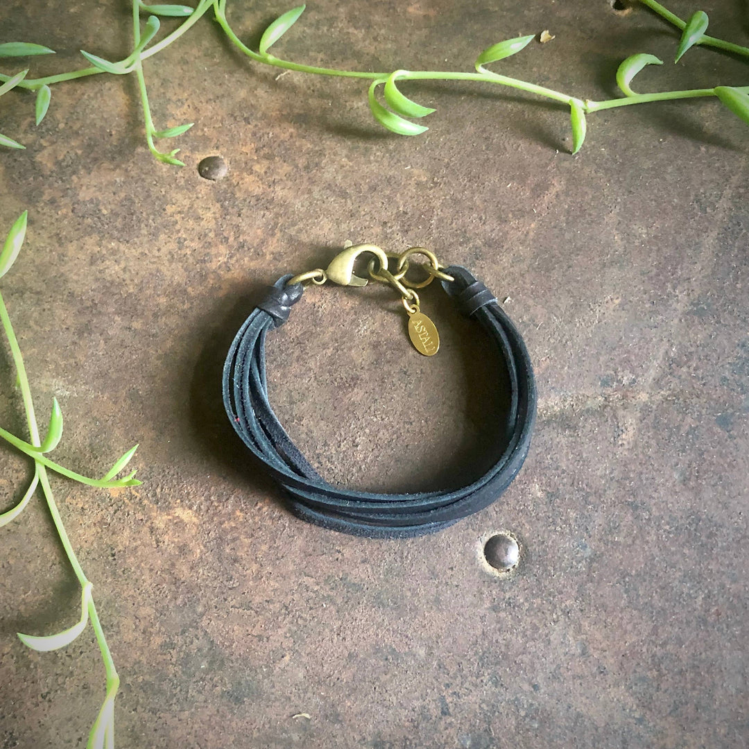 Leather 7-Strand Bracelet-Black & Brass, Boho Western