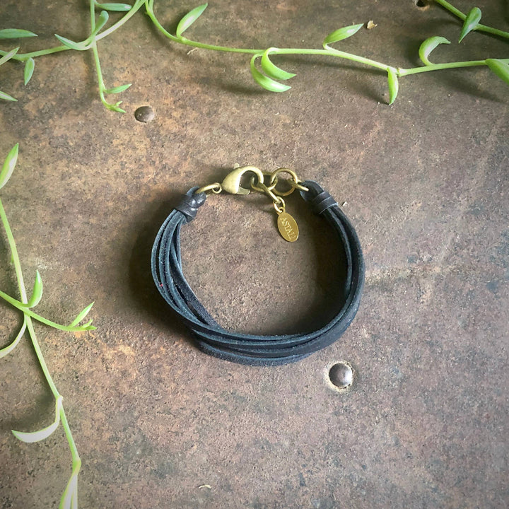 Leather 7-Strand Bracelet-Black & Brass, Boho Western