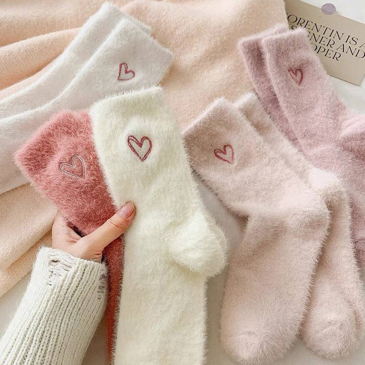 Cute Heart Embroidery Fuzzy Plush Socks DP25H516