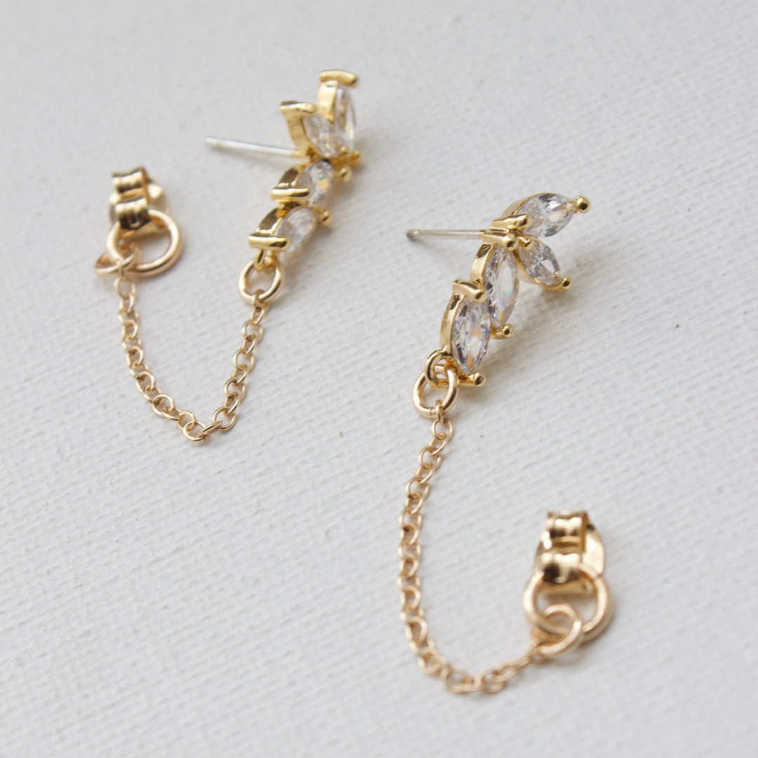 E1223G Gold Earrings-CZ Marquise & Chain