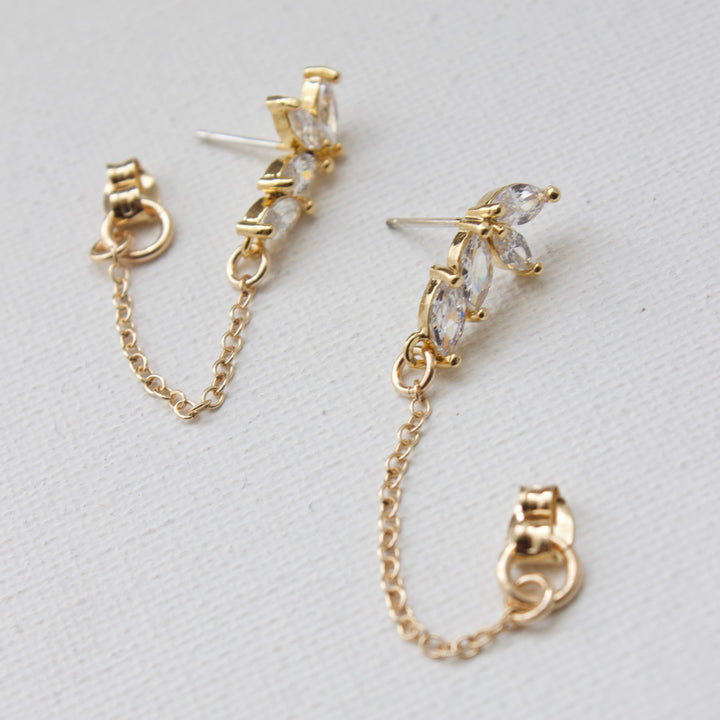 E1223G Gold Earrings-CZ Marquise & Chain