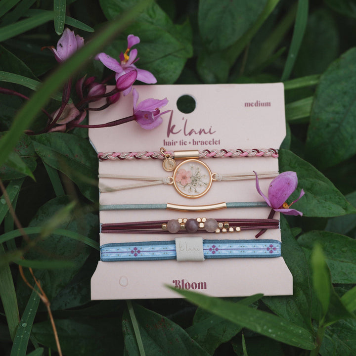 Hair Tie Bracelets -Bloom Maroon and Pink with Pressed Flowers