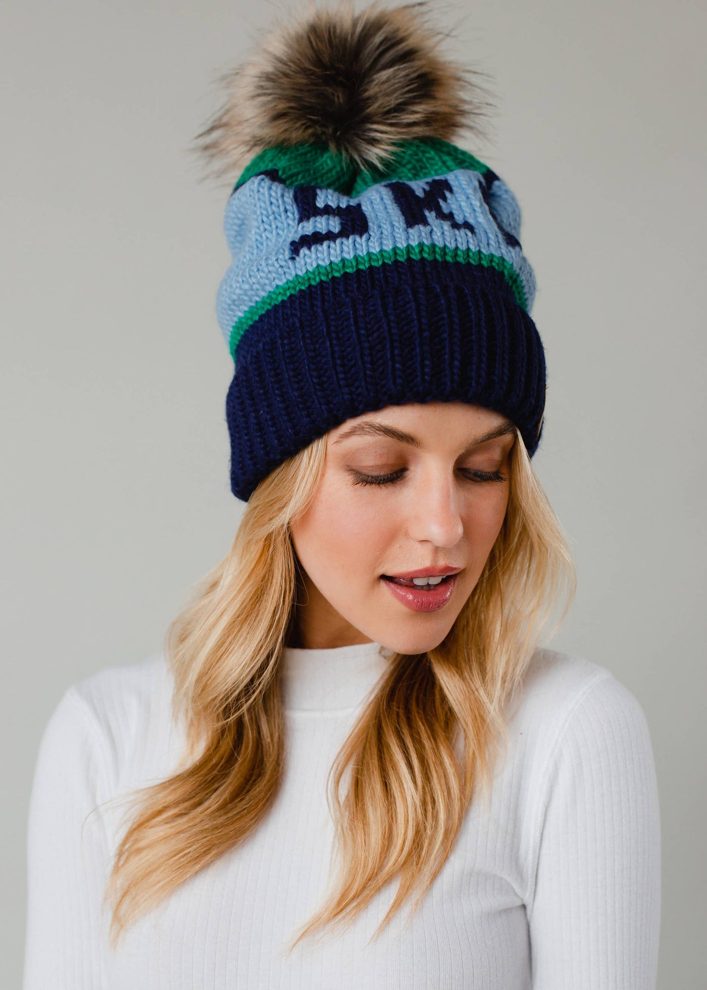 Green, Lt. Blue & Navy Ski Pom Hat