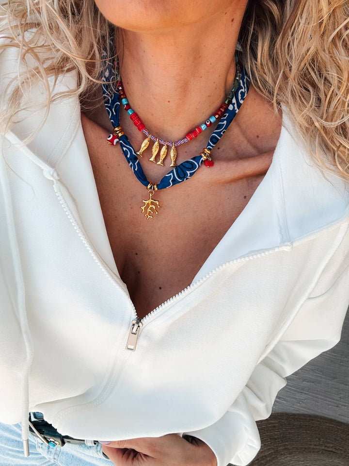 Necklace-Bohemian blue bandana scarf & colorful beaded fish
