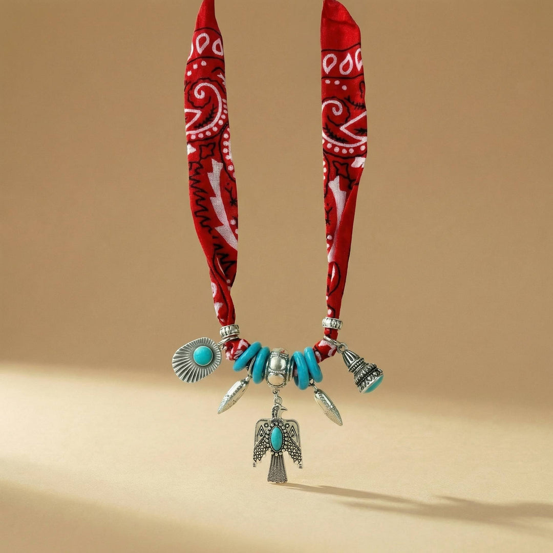 Necklace-Red scarf with native inspired silver charms