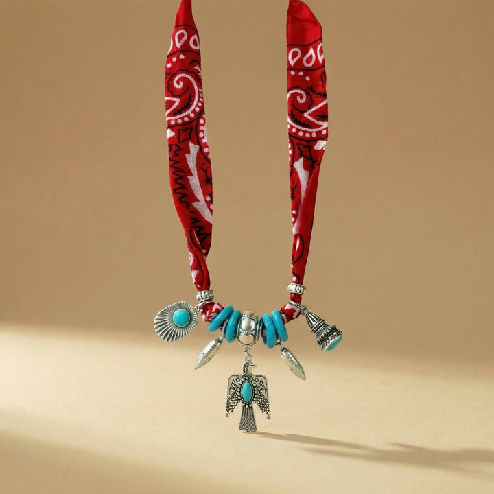 Necklace-Red scarf with native inspired silver charms