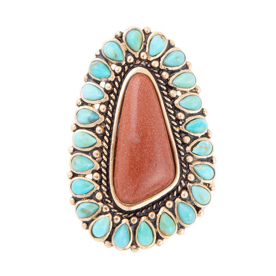 Ring-Sedona Blue Turquoise Orange Goldstone Golden Statement