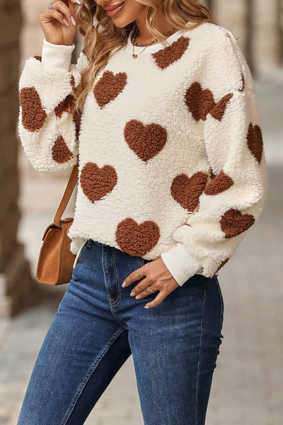 Heart Print Fleece Sweatershirt