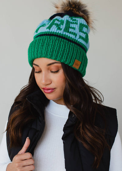 Green, Lt. Blue & Navy Apres Pom Hat