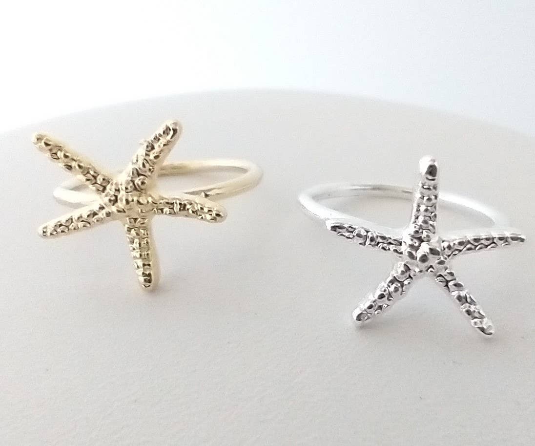 Starfish Solitaire Ring, Nautical Ring, Coastal Jewelry: Silver Plated