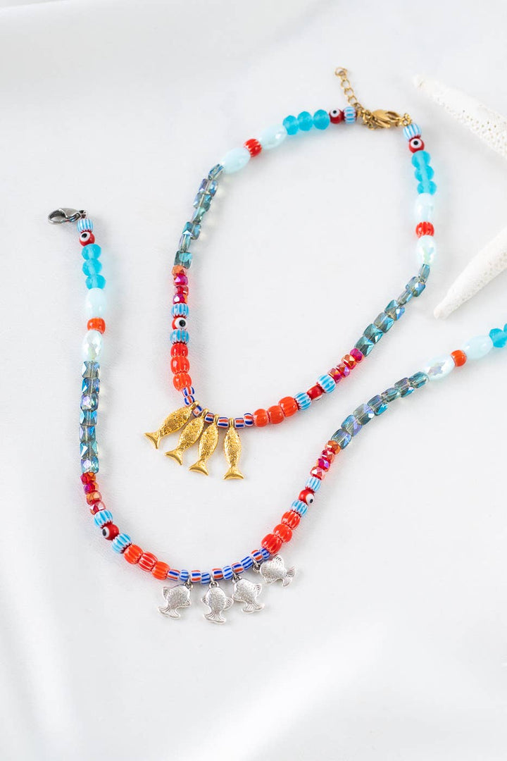 Necklace-Fish beaded in Greek islands colors