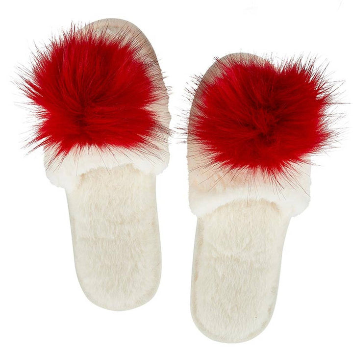NEW Plush Slippers - Ivory + Red Pom Pom