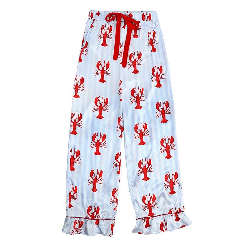 Long Set-Ruffled PJ Set with Velvet Tie - Blue Stripes + Lobsters
