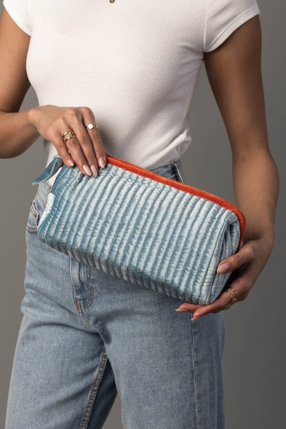 Velvet Ribbed Travel Pouch-Lt. Blue & Orange