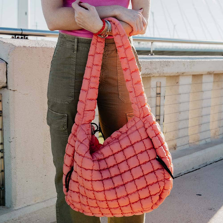 Oversized Quilted Hobo Tote Bag-Coral