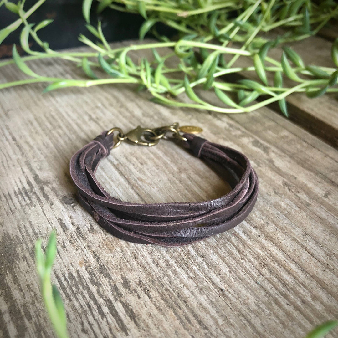 Leather 7-Strand Bracelet-Chocolate Brown & Brass, Boho