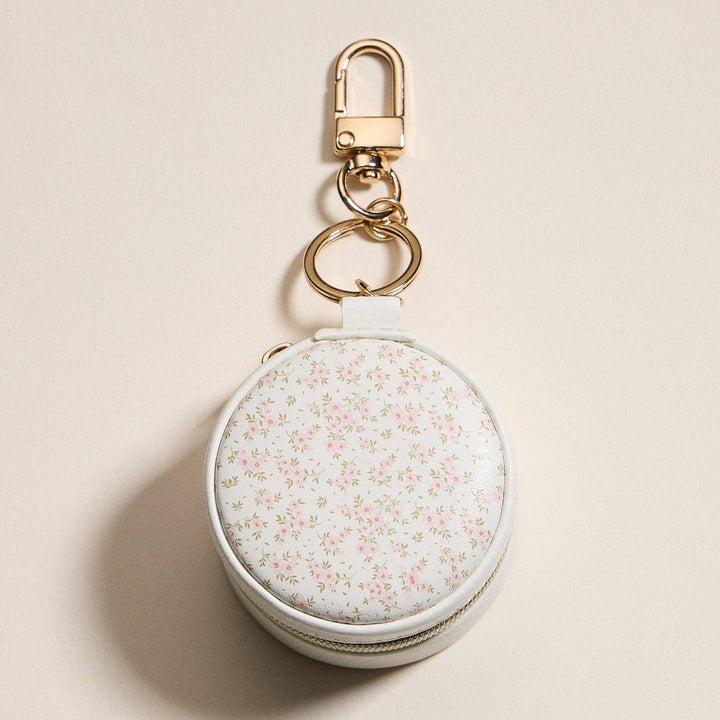 Mini Round Jewelry Travel Case with Keychain – White & Pink Floral Print