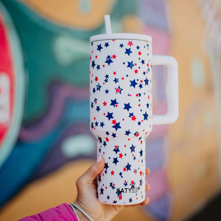 Drink Tumbler w/ Handle 38oz-Red, White, Blue Stars