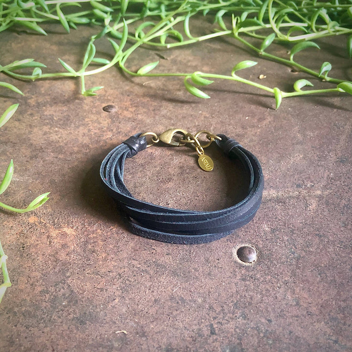 Leather 7-Strand Bracelet-Black & Brass, Boho Western