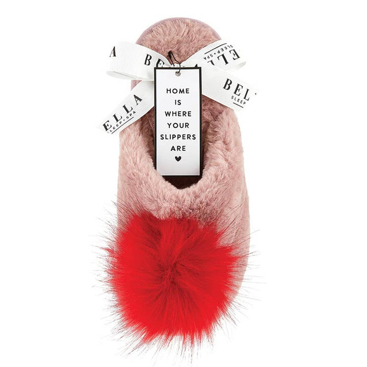 NEW Plush Slippers - Blush + Red Pom Pom