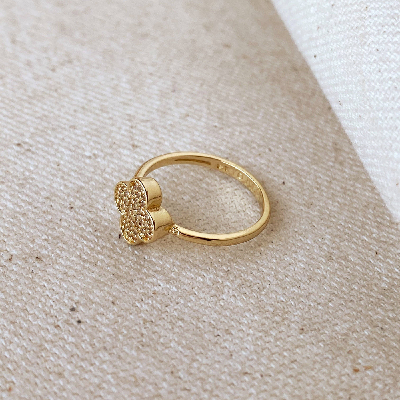 18k Gold Filled Clover Ring With Pave Setting Cubic Zirconia Stone