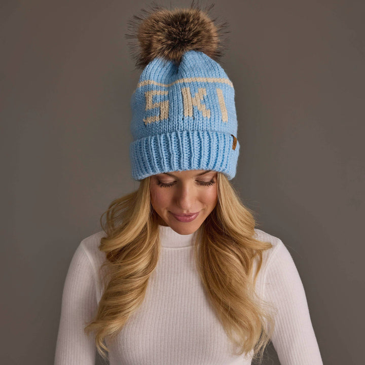 Pom Hat-Lt. Blue & Beige Ski