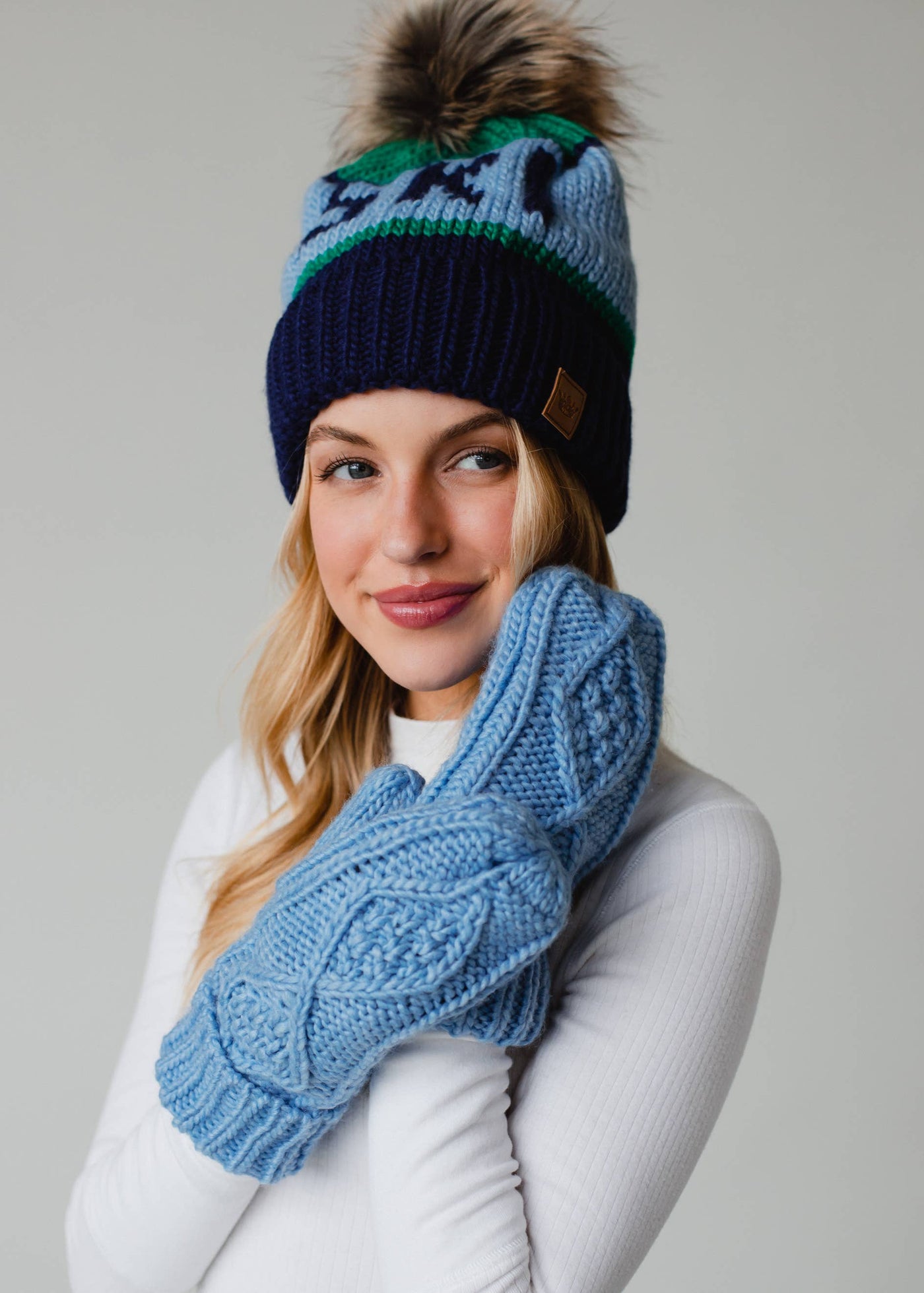 Green, Lt. Blue & Navy Ski Pom Hat