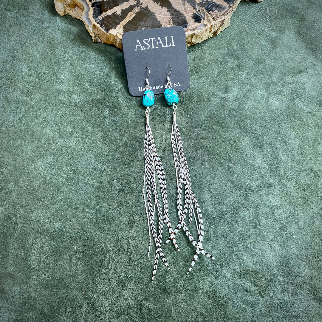 Astali Earrings-Turquoise & Mini Feather-Grizzly/Silver, Western