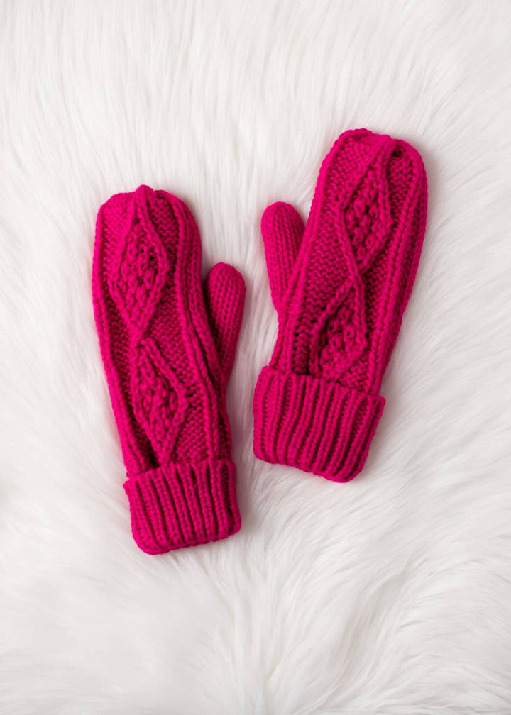 Mittens-Bright Pink Cable Knit