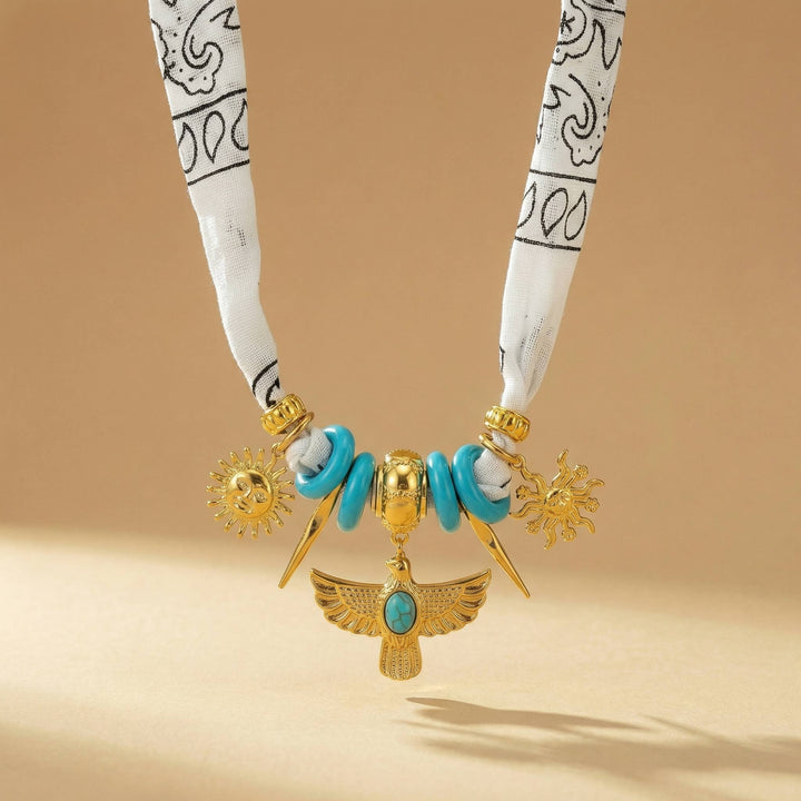 Necklace-White scarf necklace with native inspired gold charms