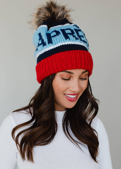 Navy, Lt. Blue & Red Apres Pom Hat