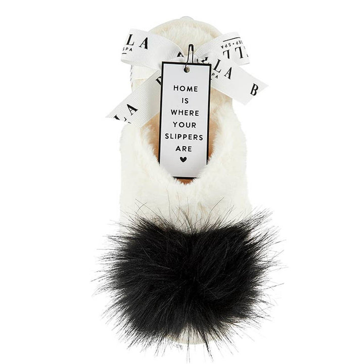 NEW Plush Slippers - Ivory + Black Pom Pom