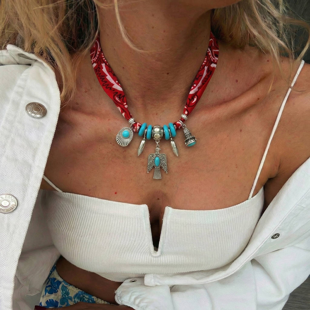 Necklace-Red scarf with native inspired silver charms