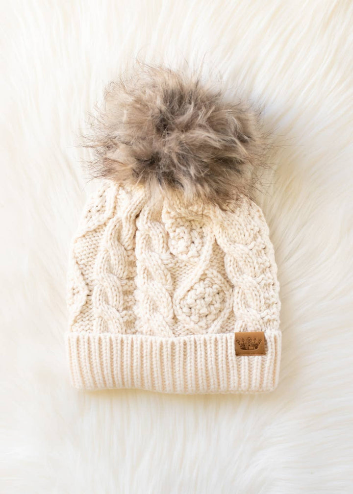 Pom Hat-Beige Cable Knit