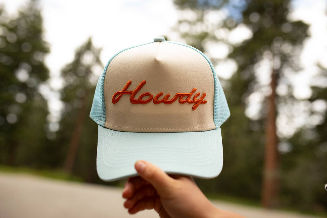 Trucker Hat-Howdy Embroidered Trucker - Pale Blue/Orange