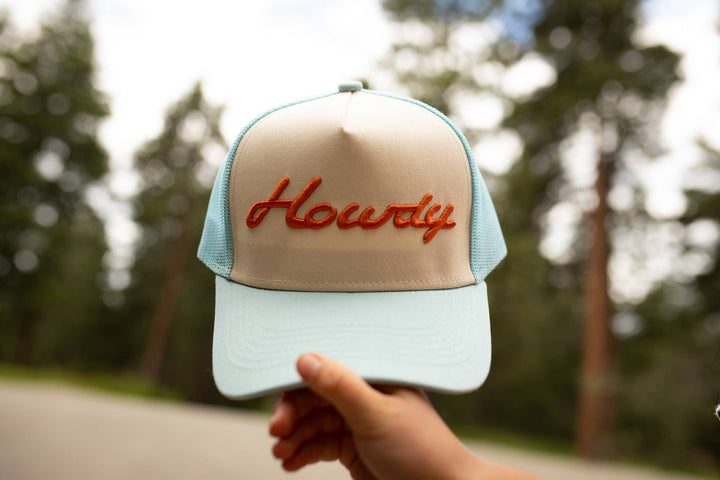 Trucker Hat-Howdy Embroidered Trucker - Pale Blue/Orange