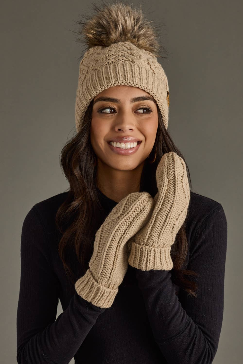 Pom Hat-Taupe Cable Knit