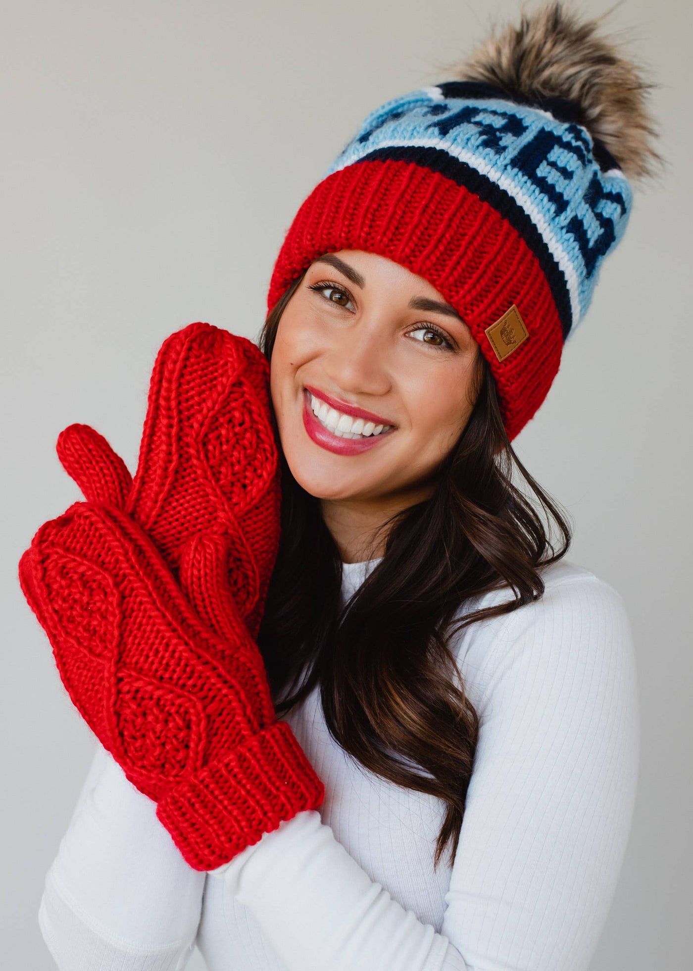 Navy, Lt. Blue & Red Apres Pom Hat