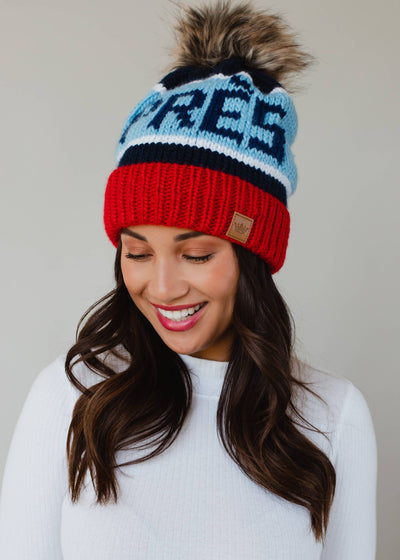 Navy, Lt. Blue & Red Apres Pom Hat