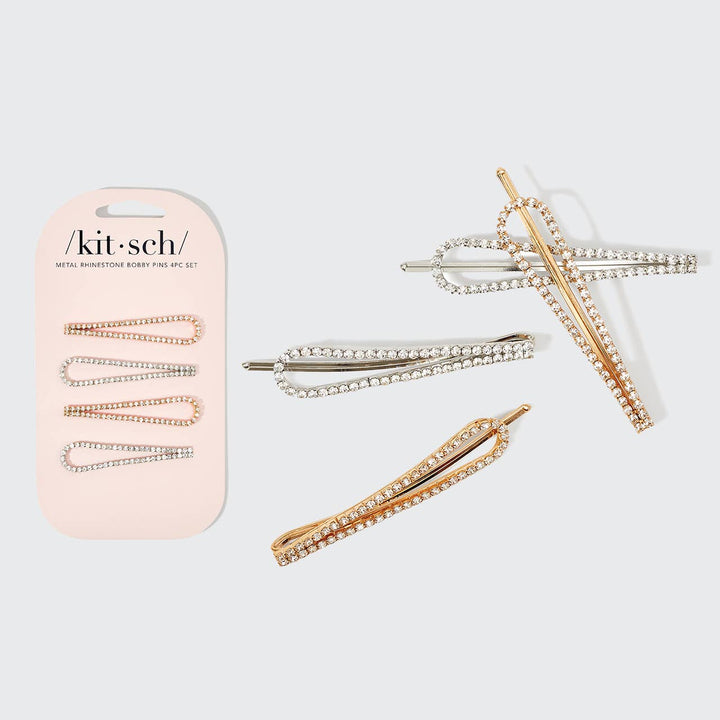 Bobby Pins 4pc Set-Metal Rhinestone Drop-Gold/Silver