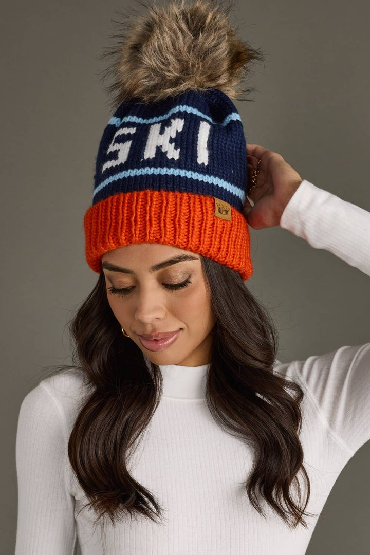 Pom Hat-Orange, Navy & Lt. Blue Ski