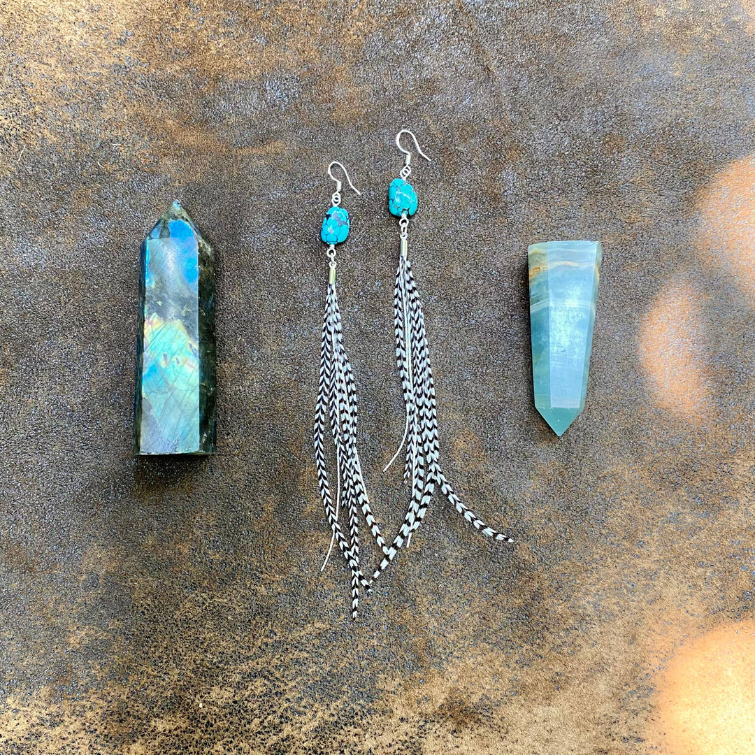 Astali Earrings-Turquoise & Mini Feather-Grizzly/Silver, Western