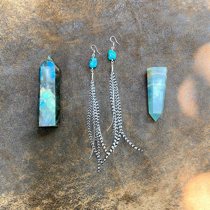 Astali Earrings-Turquoise & Mini Feather-Grizzly/Silver, Western