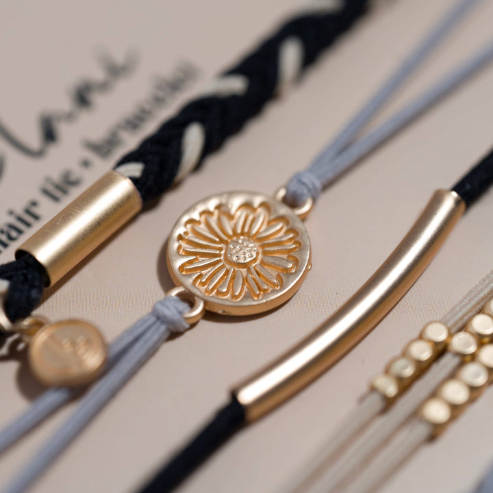 Hair Tie Bracelets-Inspire Grey and Black with Gold Flower Accent
