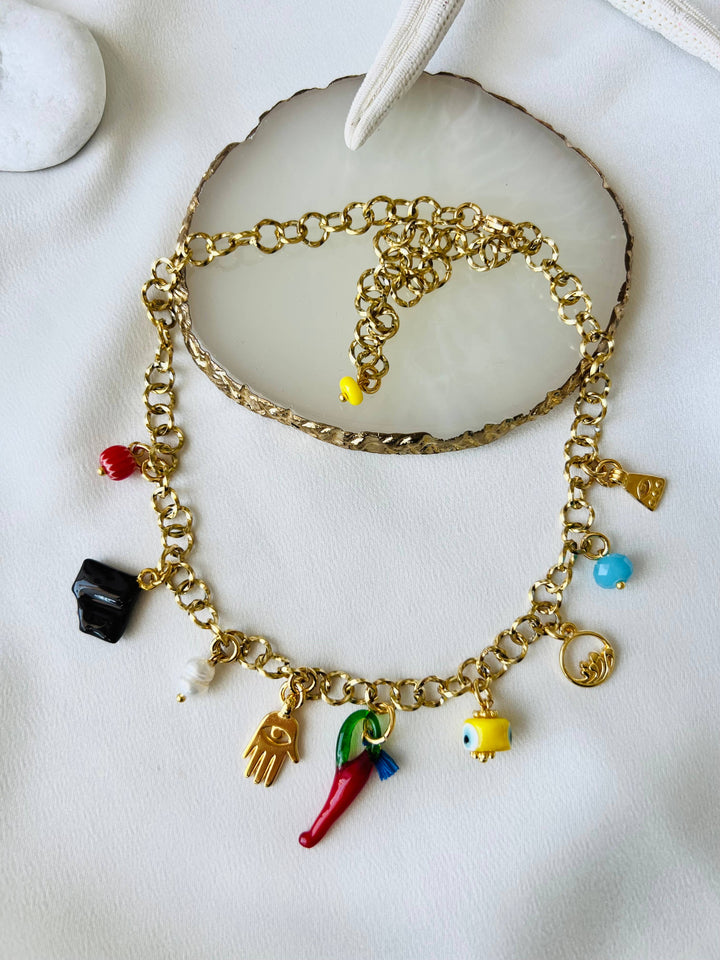 Necklace-Multi charm summerstyle and dark blue beaded necklace