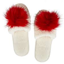 Plush Slippers-Ivory + Red